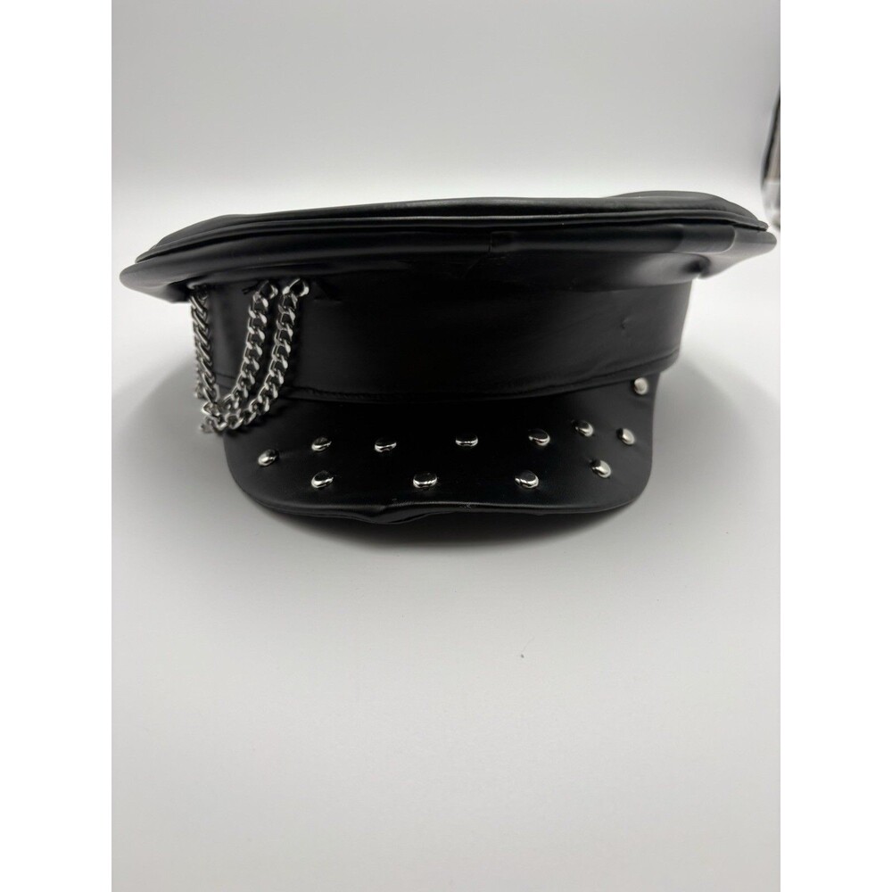 Black Faux Leather Biker Punk Hat Silver Chains,Studded-Unbranded